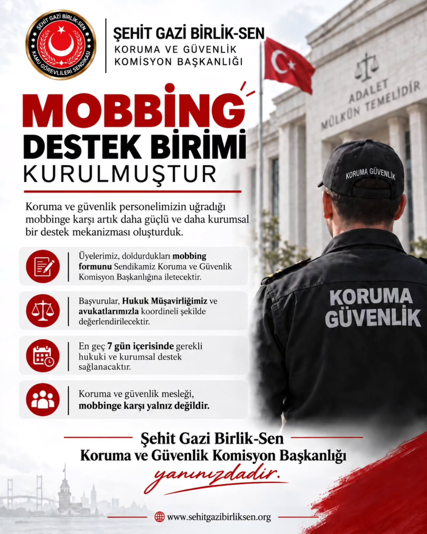 Mobbing Destek Birimi kurulmuştur — Şehit Gazi Birlik-Sen Koruma ve Güvenlik Komisyon Başkanlığı duyurusu